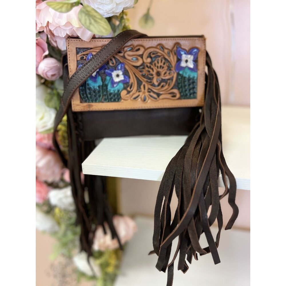 American Darling Tooled Fringe Purple Cactus Crossbody - Picture 1 of 4